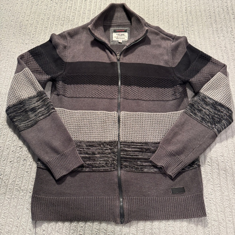 Projek Raw Jacket Mens XL Gray Cotton Blend Full Zip Striped Knit Sweater Casual